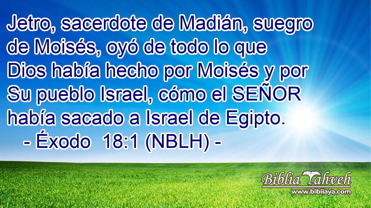  Jetro, sacerdote de Madián, suegro de Moisés, oyó de todo lo que Dios había hecho por Moisés y por Su pueblo Israel, cómo el SEÑOR había sacado a Israel de Egipto. 