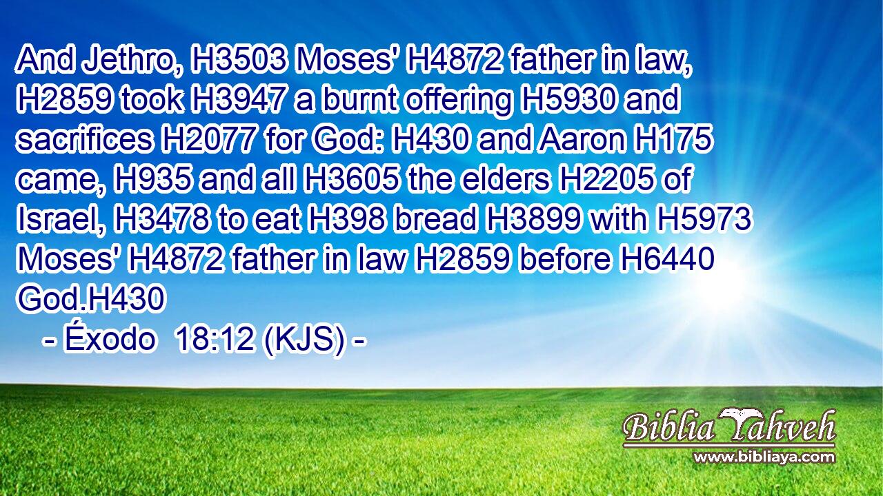 And Jethro, H3503 Moses' H4872 father in law, H2859 took H3947 a burnt offering H5930 and sacrifices H2077 for God: H430 and Aaron H175 came, H935 and all H3605 the elders H2205 of Israel, H3478 to eat H398 bread H3899 with H5973 Moses' H4872 father in law H2859 before H6440 God.H430