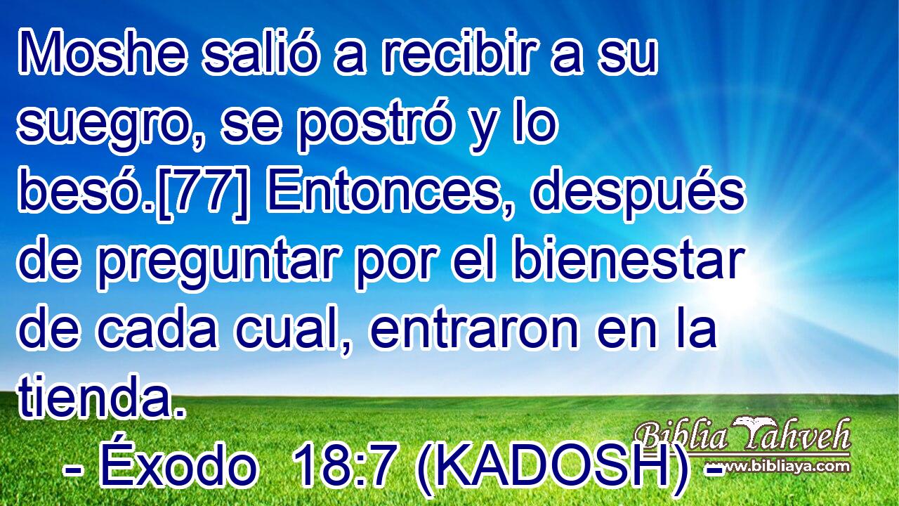  Moshe salió a recibir a su suegro, se postró y lo besó.[77] Entonces, después de preguntar por el bienestar de cada cual, entraron en la tienda. 