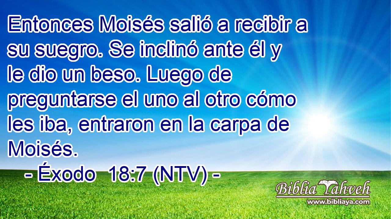 Entonces Moisés salió a recibir a su suegro. Se inclinó ante él y le dio un beso. Luego de preguntarse el uno al otro cómo les iba, entraron en la carpa de Moisés.