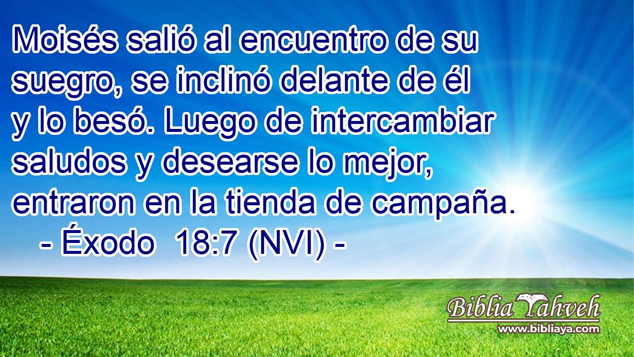  Moisés salió al encuentro de su suegro, se inclinó delante de él y lo besó. Luego de intercambiar saludos y desearse lo mejor, entraron en la tienda de campaña. 