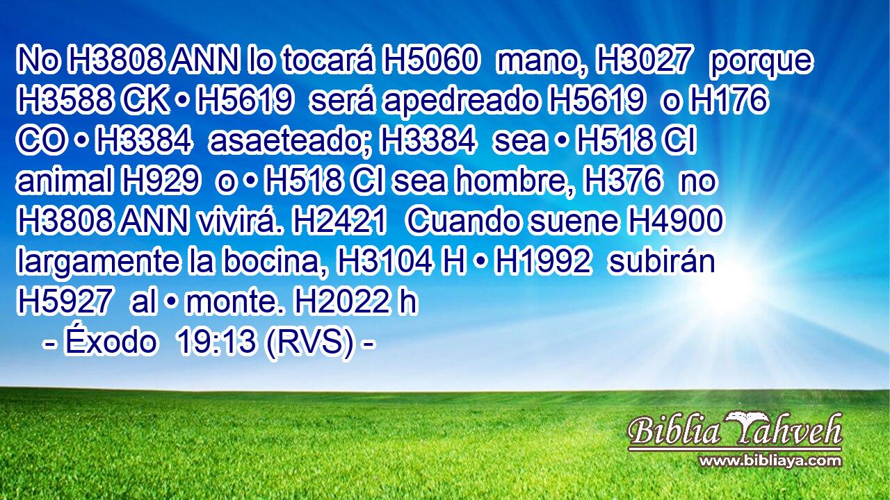No H3808 ANN lo tocará H5060  mano, H3027  porque H3588 CK • H5619  será apedreado H5619  o H176 CO • H3384  asaeteado; H3384  sea • H518 CI animal H929  o • H518 CI sea hombre, H376  no H3808 ANN vivirá. H2421  Cuando suene H4900  largamente la bocina, H3104 H • H1992  subirán H5927  al • monte. H2022 h 