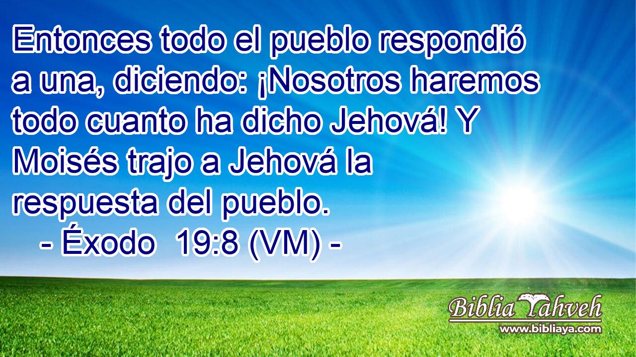  Entonces todo el pueblo respondió a una, diciendo: ¡Nosotros haremos todo cuanto ha dicho Jehová! Y Moisés trajo a Jehová la respuesta del pueblo. 
