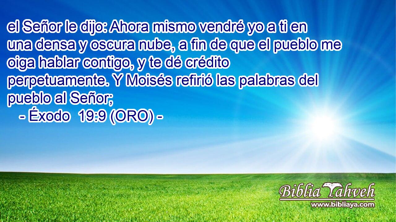  el Señor le dijo: Ahora mismo vendré yo a ti en una densa y oscura nube, a fin de que el pueblo me oiga hablar contigo, y te dé crédito perpetuamente. Y Moisés refirió las palabras del pueblo al Señor; 