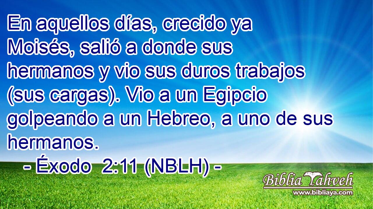  En aquellos días, crecido ya Moisés, salió a donde sus hermanos y vio sus duros trabajos (sus cargas). Vio a un Egipcio golpeando a un Hebreo, a uno de sus hermanos. 