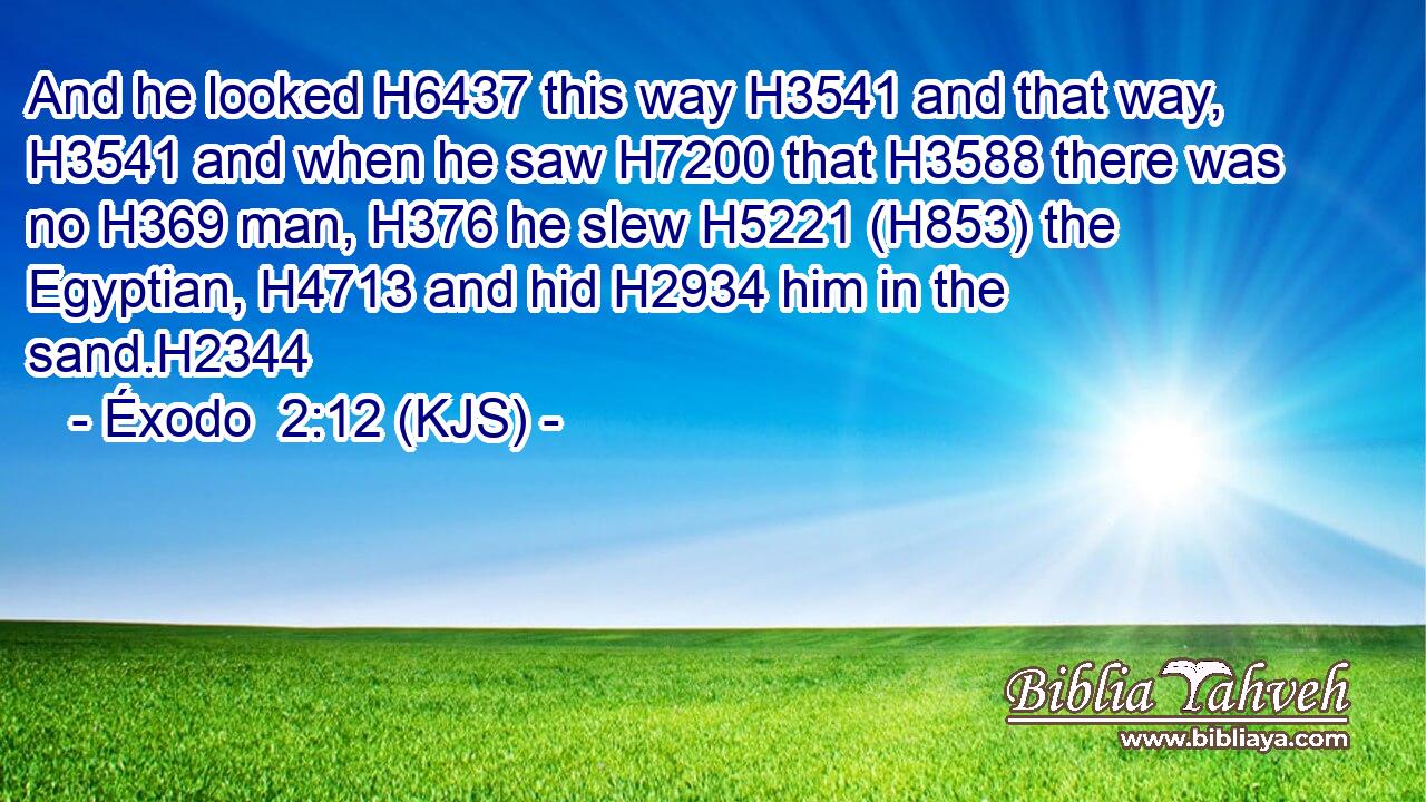 And he looked H6437 this way H3541 and that way, H3541 and when he saw H7200 that H3588 there was no H369 man, H376 he slew H5221 (H853) the Egyptian, H4713 and hid H2934 him in the sand.H2344