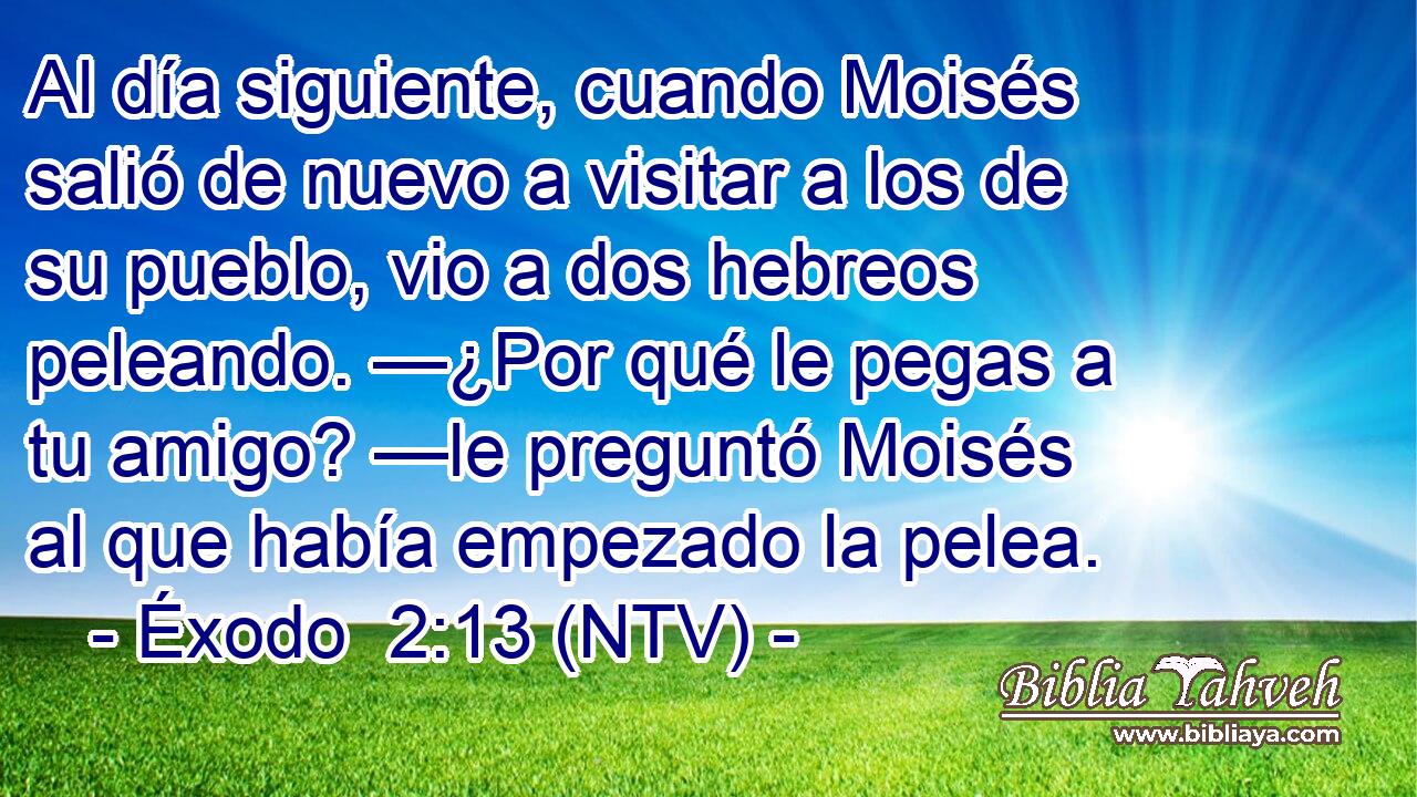 Al día siguiente, cuando Moisés salió de nuevo a visitar a los de su pueblo, vio a dos hebreos peleando. —¿Por qué le pegas a tu amigo? —le preguntó Moisés al que había empezado la pelea.