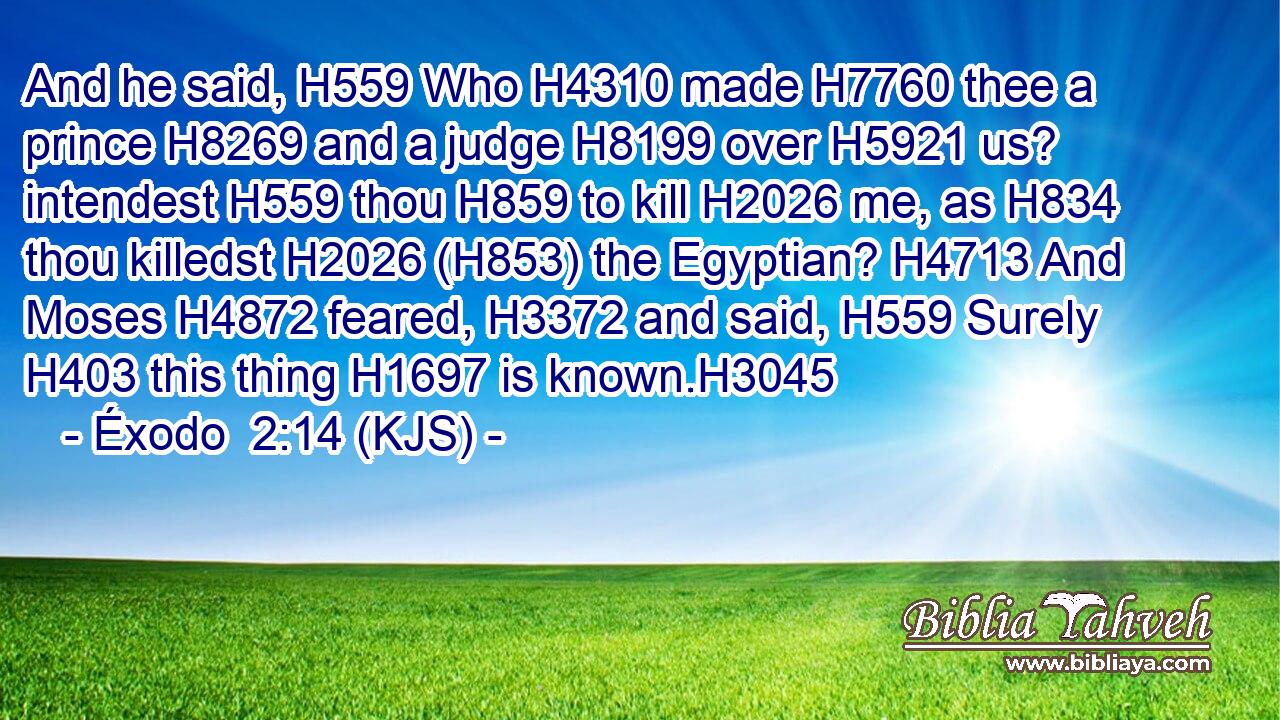 And he said, H559 Who H4310 made H7760 thee a prince H8269 and a judge H8199 over H5921 us? intendest H559 thou H859 to kill H2026 me, as H834 thou killedst H2026 (H853) the Egyptian? H4713 And Moses H4872 feared, H3372 and said, H559 Surely H403 this thing H1697 is known.H3045