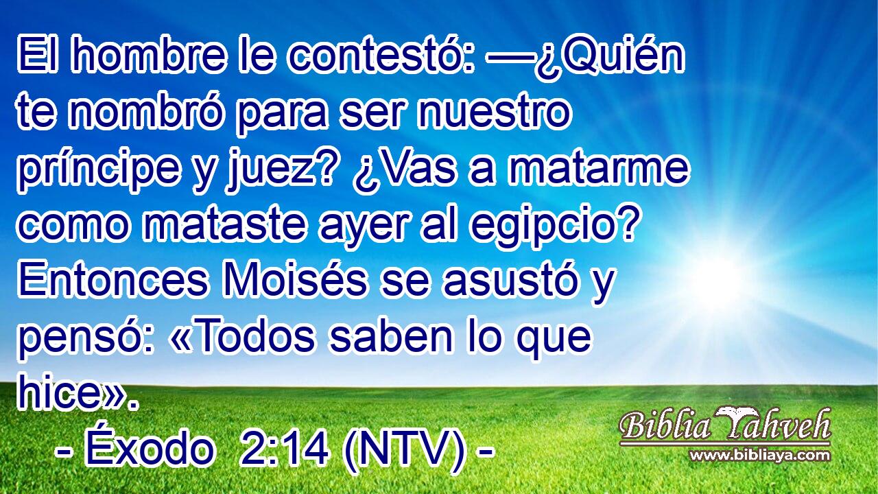 El hombre le contestó: —¿Quién te nombró para ser nuestro príncipe y juez? ¿Vas a matarme como mataste ayer al egipcio? Entonces Moisés se asustó y pensó: «Todos saben lo que hice».