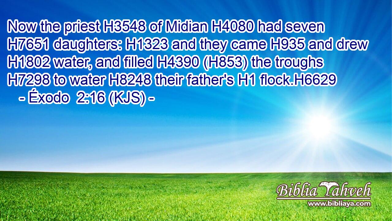 Now the priest H3548 of Midian H4080 had seven H7651 daughters: H1323 and they came H935 and drew H1802 water, and filled H4390 (H853) the troughs H7298 to water H8248 their father's H1 flock.H6629
