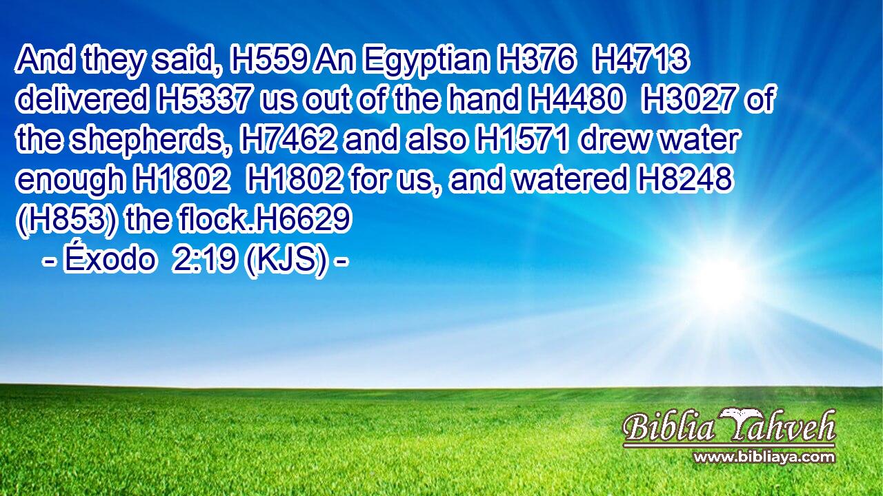 And they said, H559 An Egyptian H376  H4713 delivered H5337 us out of the hand H4480  H3027 of the shepherds, H7462 and also H1571 drew water enough H1802  H1802 for us, and watered H8248 (H853) the flock.H6629