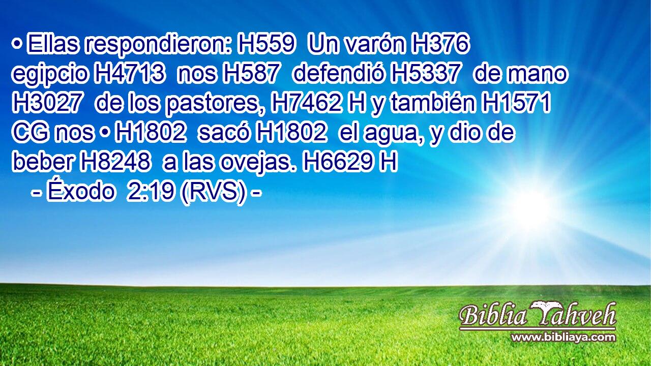 • Ellas respondieron: H559  Un varón H376  egipcio H4713  nos H587  defendió H5337  de mano H3027  de los pastores, H7462 H y también H1571 CG nos • H1802  sacó H1802  el agua, y dio de beber H8248  a las ovejas. H6629 H 