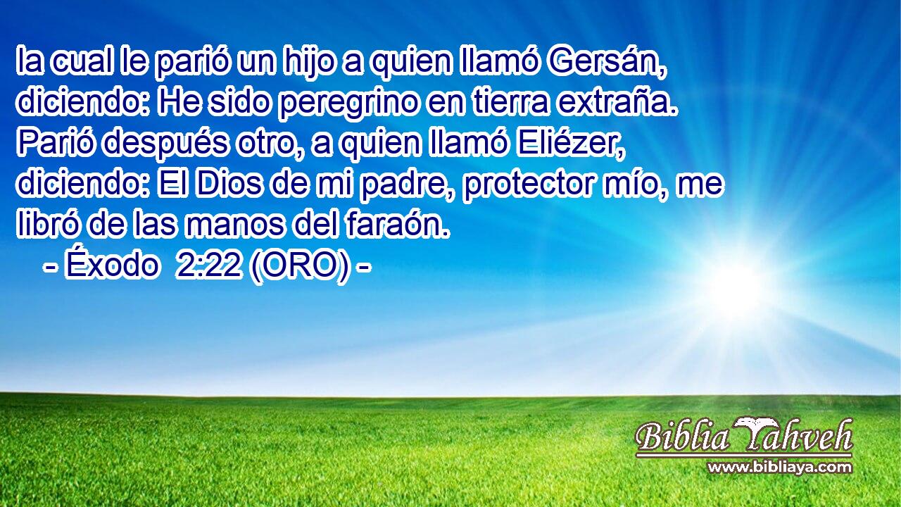  la cual le parió un hijo a quien llamó Gersán, diciendo: He sido peregrino en tierra extraña. Parió después otro, a quien llamó Eliézer, diciendo: El Dios de mi padre, protector mío, me libró de las manos del faraón. 