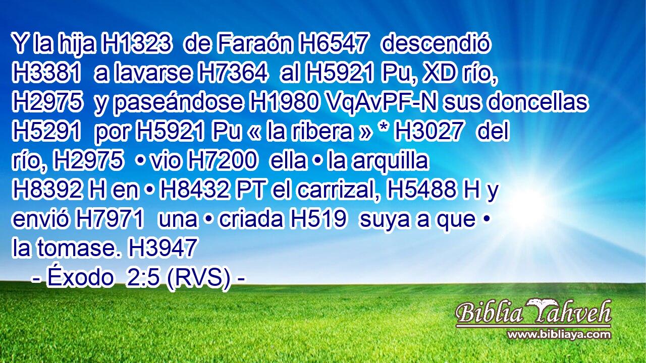 Y la hija H1323  de Faraón H6547  descendió H3381  a lavarse H7364  al H5921 Pu, XD río, H2975  y paseándose H1980 VqAvPF-N sus doncellas H5291  por H5921 Pu « la ribera » * H3027  del río, H2975  • vio H7200  ella • la arquilla H8392 H en • H8432 PT el carrizal, H5488 H y envió H7971  una • criada H519  suya a que • la tomase. H3947  
