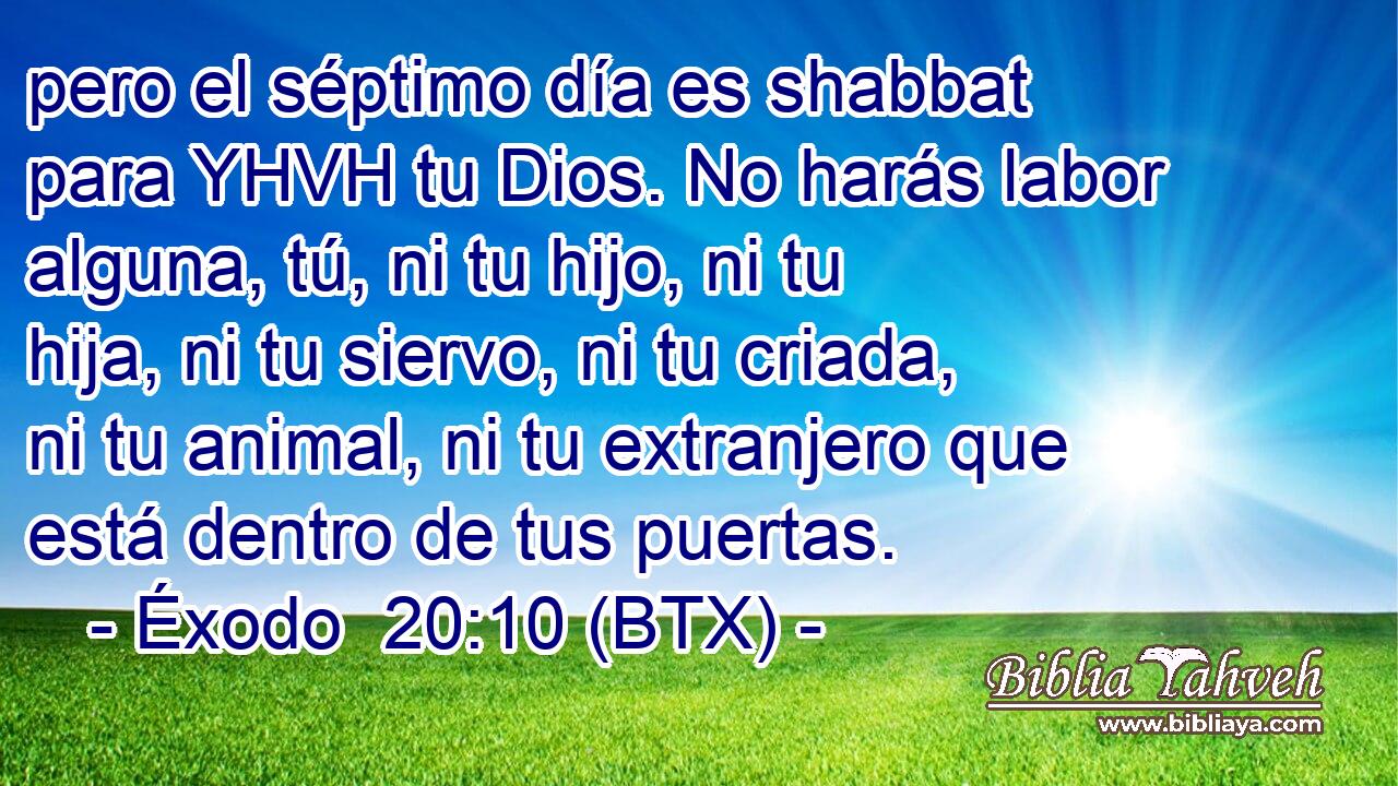 pero el séptimo día es shabbat para YHVH tu Dios. No harás labor alguna, tú, ni tu hijo, ni tu hija, ni tu siervo, ni tu criada, ni tu animal, ni tu extranjero que está dentro de tus puertas.