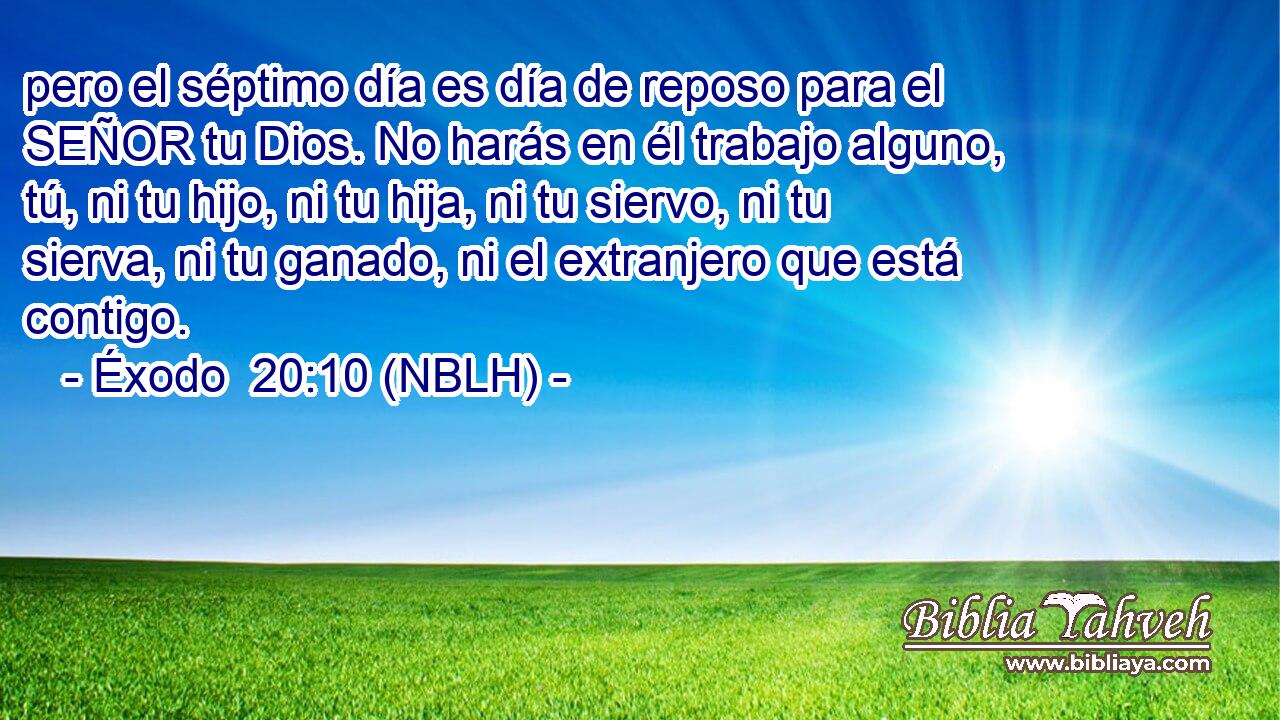  pero el séptimo día es día de reposo para el SEÑOR tu Dios. No harás en él trabajo alguno, tú, ni tu hijo, ni tu hija, ni tu siervo, ni tu sierva, ni tu ganado, ni el extranjero que está contigo. 
