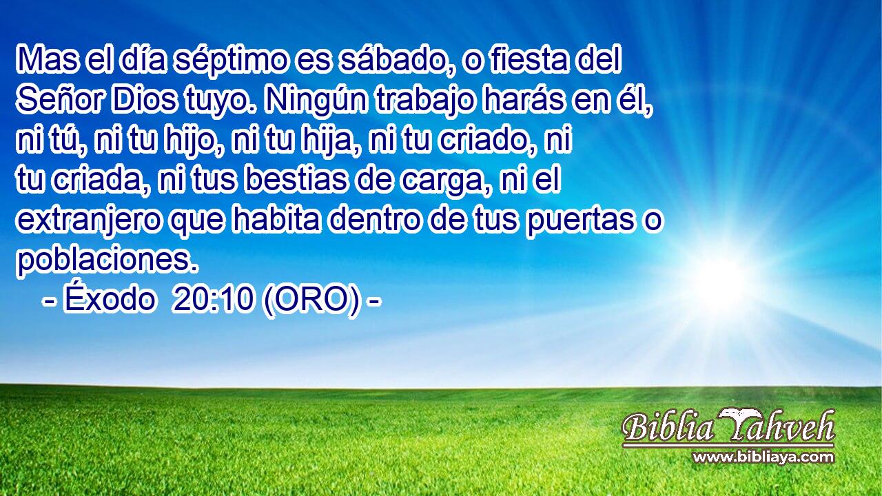  Mas el día séptimo es sábado, o fiesta del Señor Dios tuyo. Ningún trabajo harás en él, ni tú, ni tu hijo, ni tu hija, ni tu criado, ni tu criada, ni tus bestias de carga, ni el extranjero que habita dentro de tus puertas o poblaciones. 