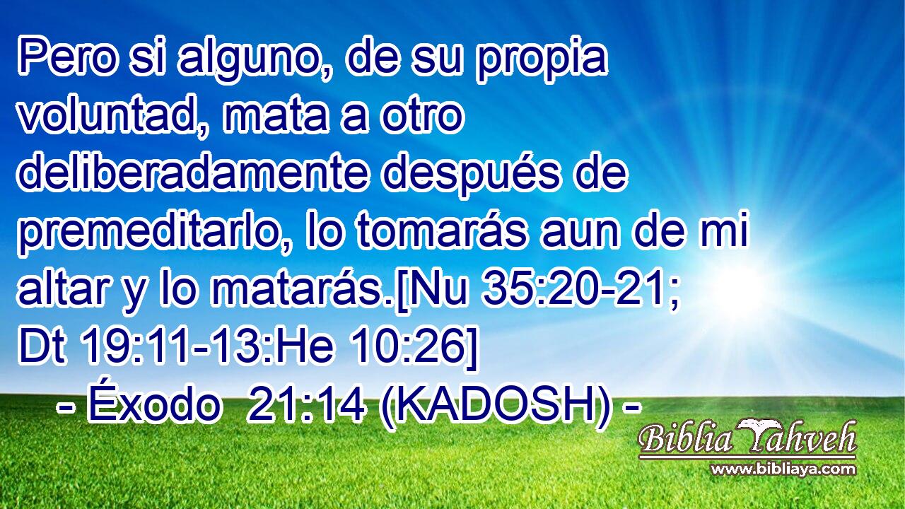  Pero si alguno, de su propia voluntad, mata a otro deliberadamente después de premeditarlo, lo tomarás aun de mi altar y lo matarás.[Nu 35:20-21; Dt 19:11-13:He 10:26] 