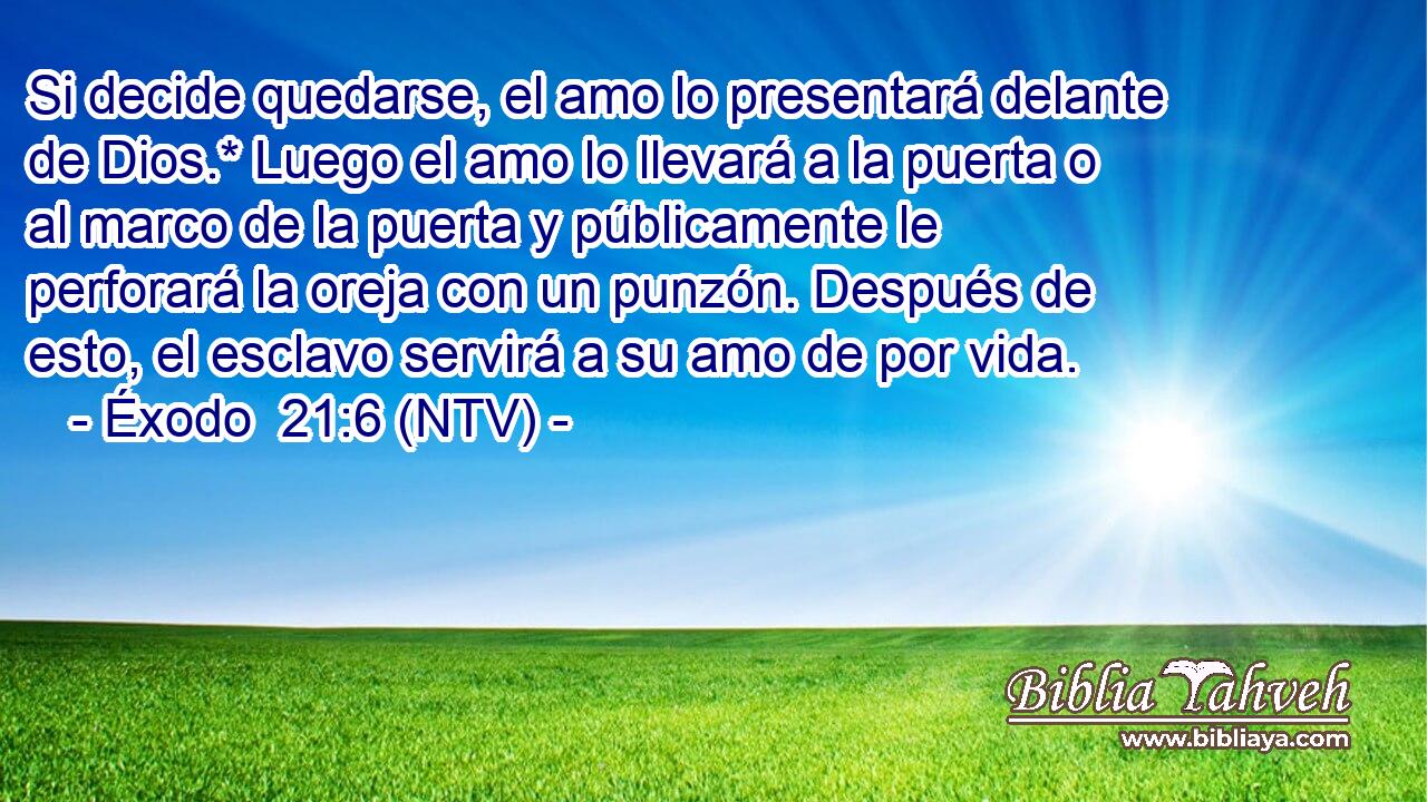Si decide quedarse, el amo lo presentará delante de Dios.* Luego el amo lo llevará a la puerta o al marco de la puerta y públicamente le perforará la oreja con un punzón. Después de esto, el esclavo servirá a su amo de por vida.