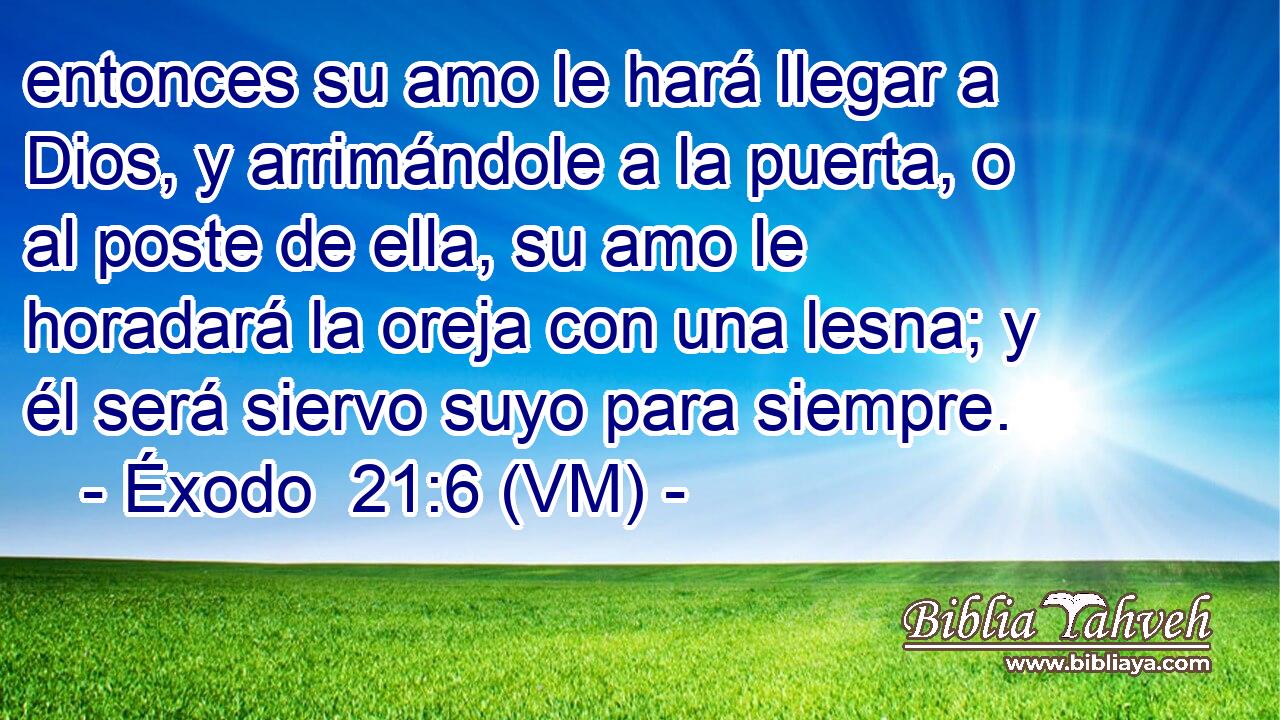  entonces su amo le hará llegar a Dios, y arrimándole a la puerta, o al poste de ella, su amo le horadará la oreja con una lesna; y él será siervo suyo para siempre. 