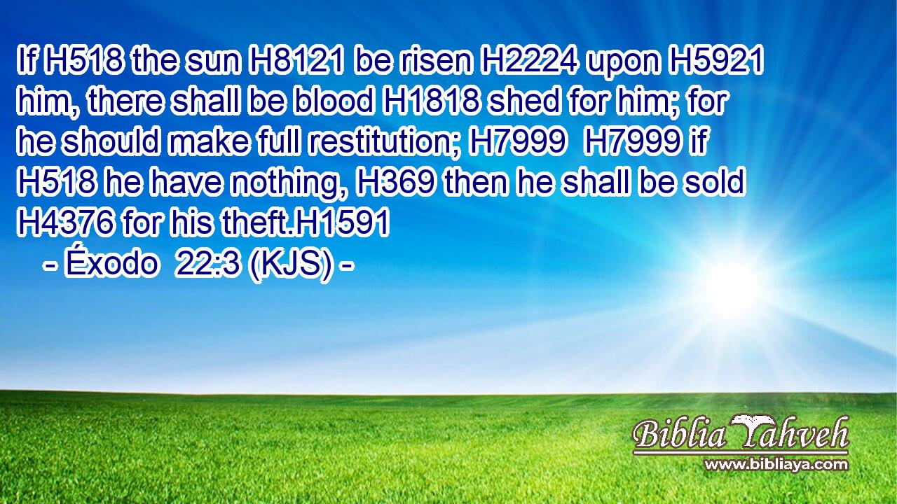 If H518 the sun H8121 be risen H2224 upon H5921 him, there shall be blood H1818 shed for him; for he should make full restitution; H7999  H7999 if H518 he have nothing, H369 then he shall be sold H4376 for his theft.H1591