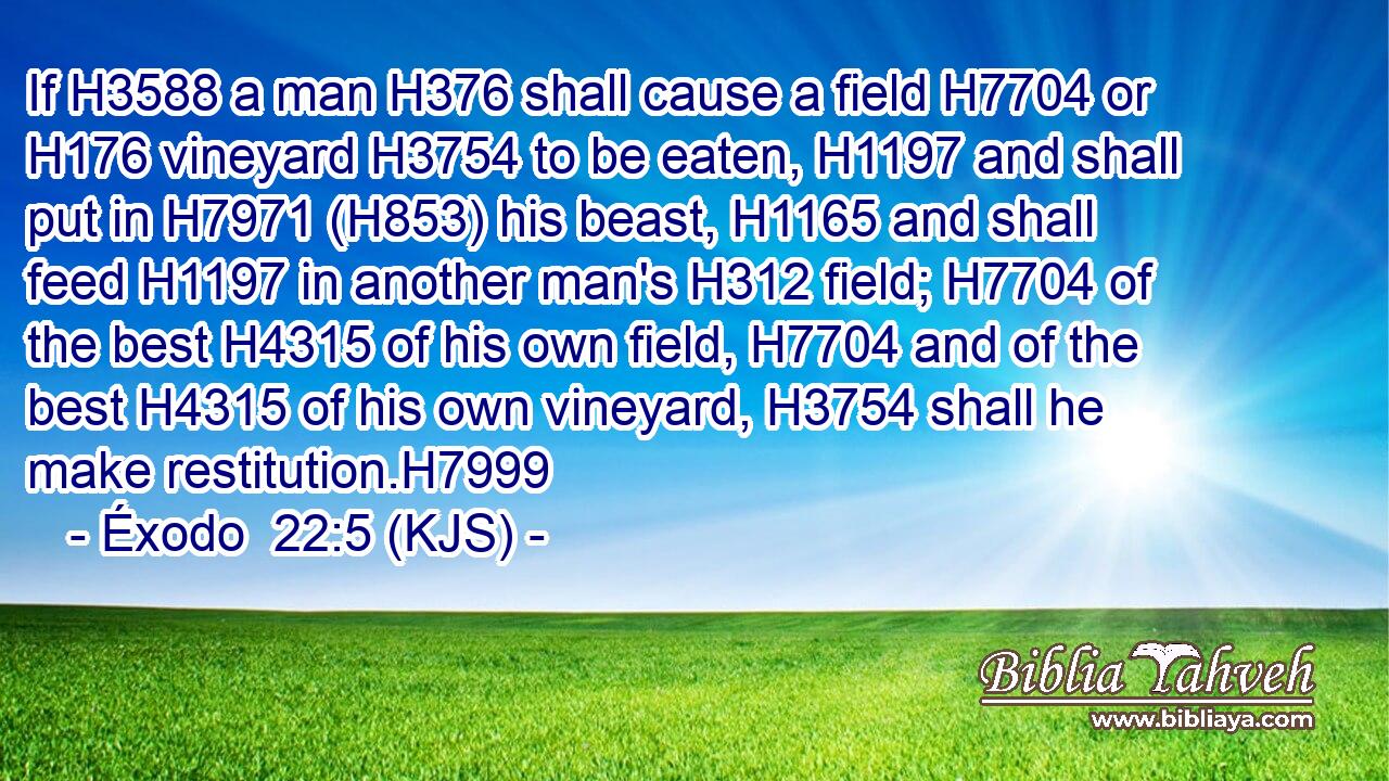 If H3588 a man H376 shall cause a field H7704 or H176 vineyard H3754 to be eaten, H1197 and shall put in H7971 (H853) his beast, H1165 and shall feed H1197 in another man's H312 field; H7704 of the best H4315 of his own field, H7704 and of the best H4315 of his own vineyard, H3754 shall he make restitution.H7999