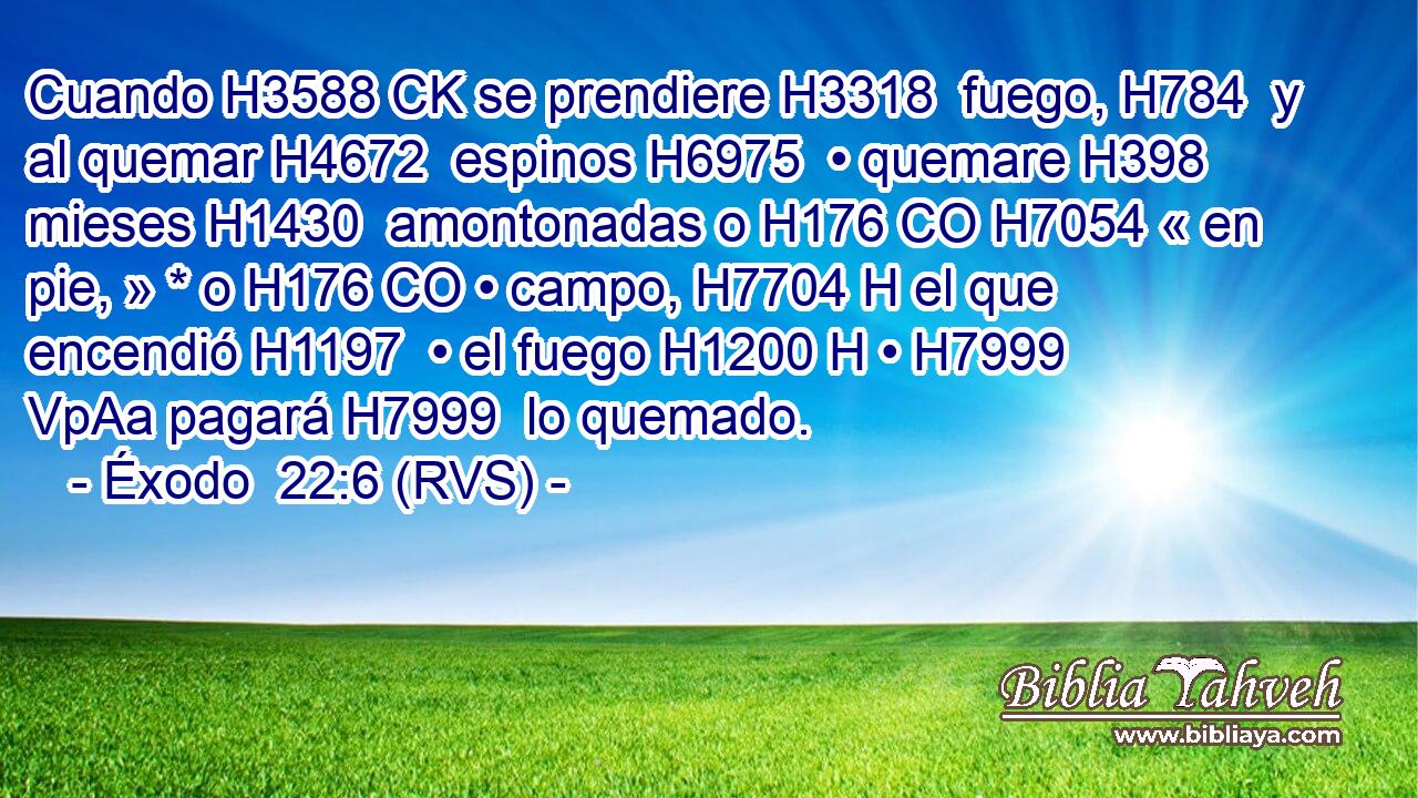 Cuando H3588 CK se prendiere H3318  fuego, H784  y al quemar H4672  espinos H6975  • quemare H398  mieses H1430  amontonadas o H176 CO H7054 « en pie, » * o H176 CO • campo, H7704 H el que encendió H1197  • el fuego H1200 H • H7999 VpAa pagará H7999  lo quemado. 