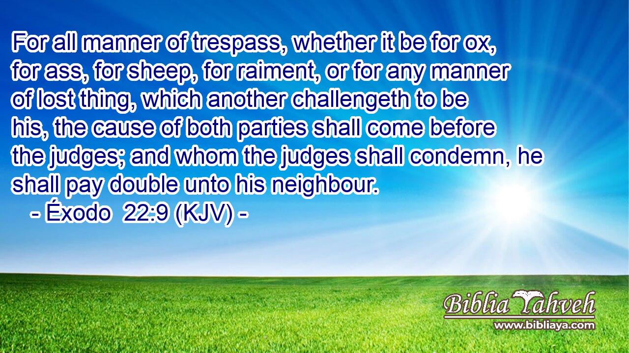 For all manner of trespass, whether it be for ox, for ass, for sheep, for raiment, or for any manner of lost thing, which another challengeth to be his, the cause of both parties shall come before the judges; and whom the judges shall condemn, he shall pay double unto his neighbour.