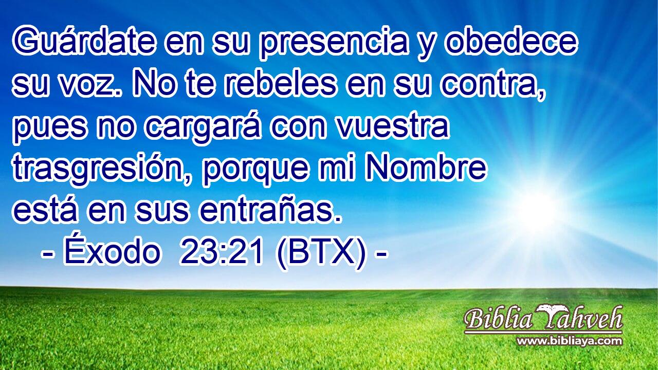 Guárdate en su presencia y obedece su voz. No te rebeles en su contra, pues no cargará con vuestra trasgresión, porque mi Nombre está en sus entrañas.