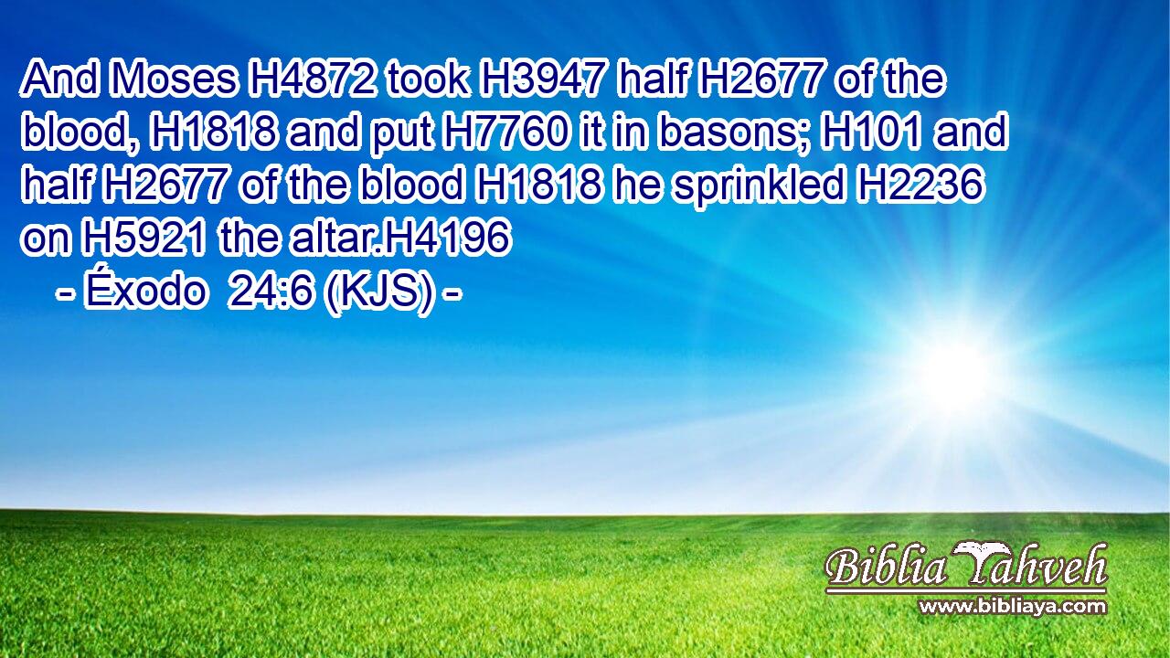 And Moses H4872 took H3947 half H2677 of the blood, H1818 and put H7760 it in basons; H101 and half H2677 of the blood H1818 he sprinkled H2236 on H5921 the altar.H4196