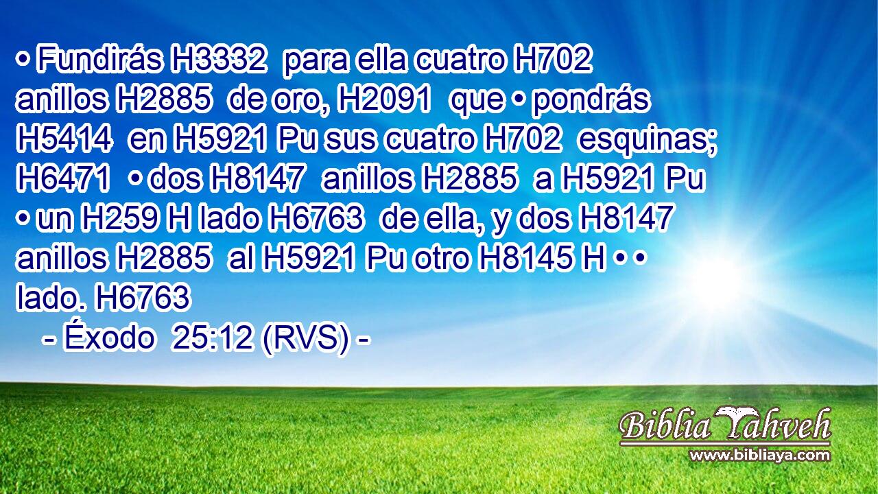 • Fundirás H3332  para ella cuatro H702  anillos H2885  de oro, H2091  que • pondrás H5414  en H5921 Pu sus cuatro H702  esquinas; H6471  • dos H8147  anillos H2885  a H5921 Pu • un H259 H lado H6763  de ella, y dos H8147  anillos H2885  al H5921 Pu otro H8145 H • • lado. H6763  