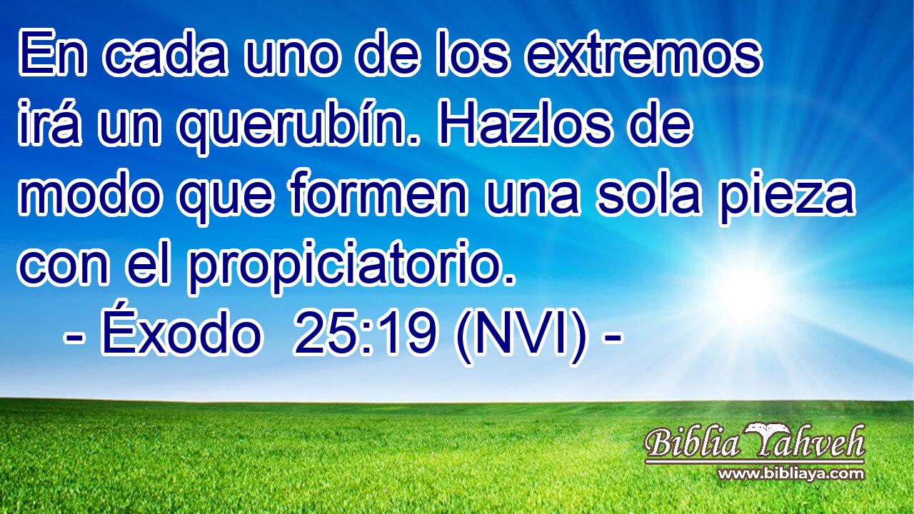  En cada uno de los extremos irá un querubín. Hazlos de modo que formen una sola pieza con el propiciatorio. 