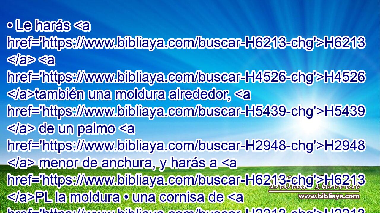 • Le harás H6213  H4526 también una moldura alrededor, H5439  de un palmo H2948  menor de anchura, y harás a H6213 PL la moldura • una cornisa de H2213 oro alrededor. H2091  H4526 