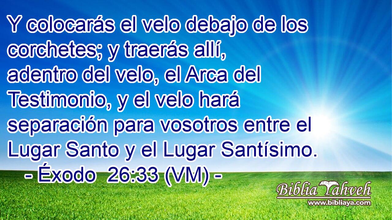  Y colocarás el velo debajo de los corchetes; y traerás allí, adentro del velo, el Arca del Testimonio, y el velo hará separación para vosotros entre el Lugar Santo y el Lugar Santísimo. 