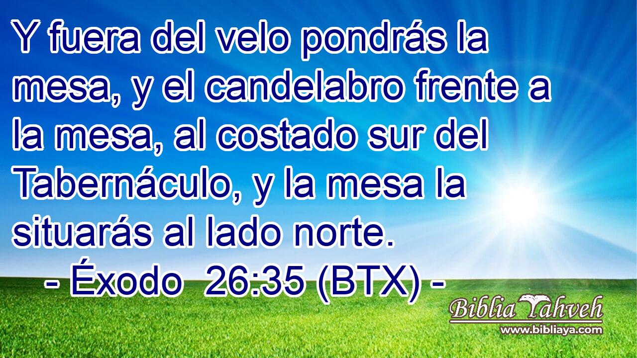 Y fuera del velo pondrás la mesa, y el candelabro frente a la mesa, al costado sur del Tabernáculo, y la mesa la situarás al lado norte.