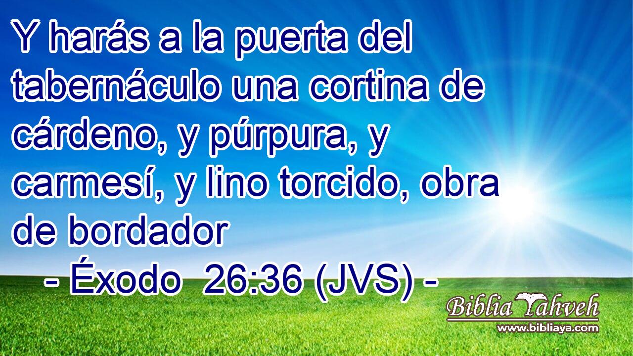 Y harás a la puerta del tabernáculo una cortina de cárdeno, y púrpura, y carmesí, y lino torcido, obra de bordador