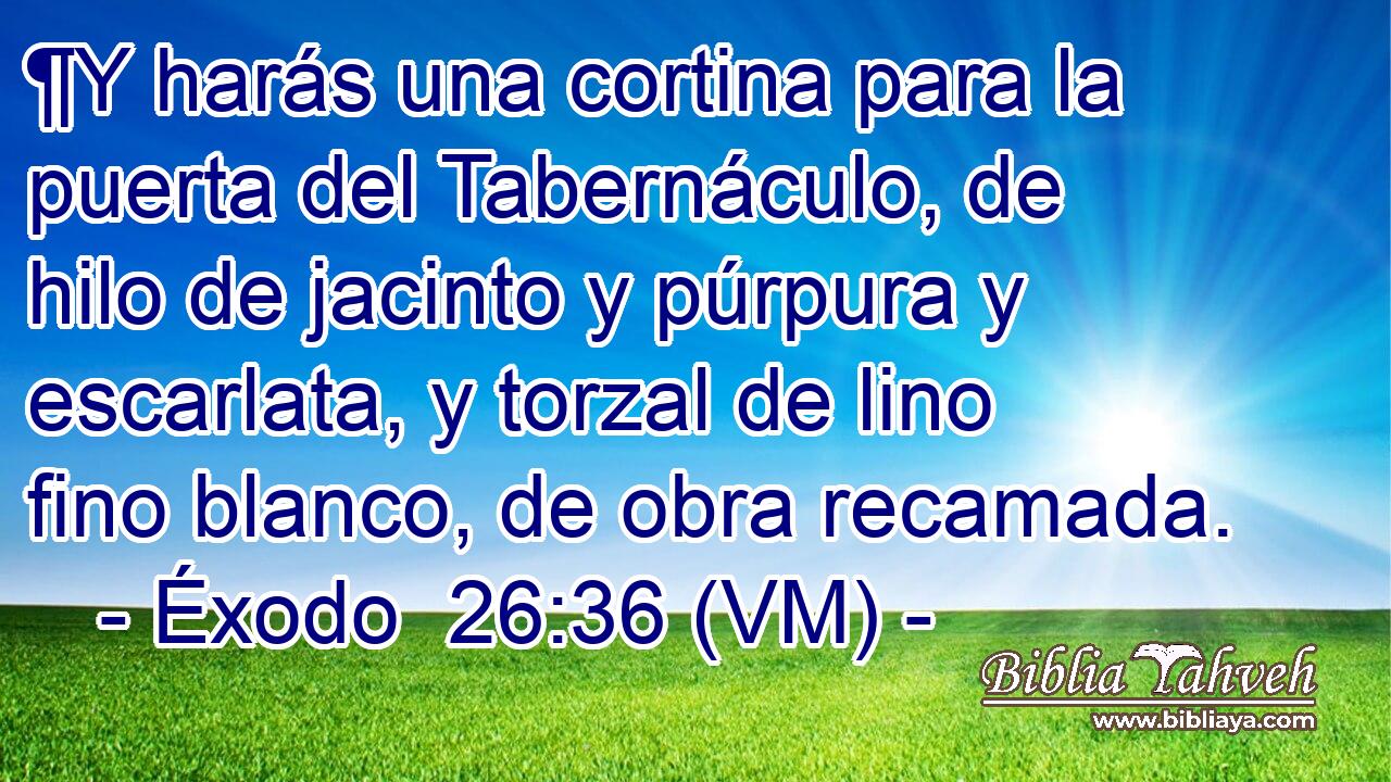 ¶Y harás una cortina para la puerta del Tabernáculo, de hilo de jacinto y púrpura y escarlata, y torzal de lino fino blanco, de obra recamada. 