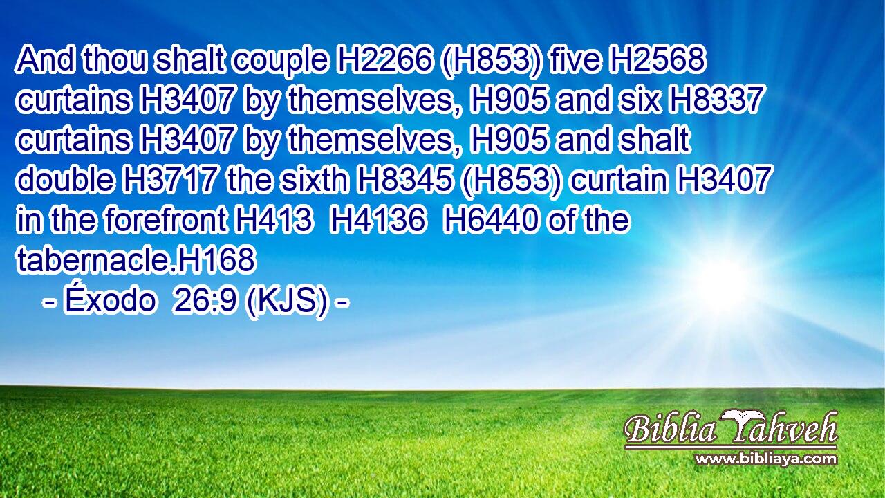 And thou shalt couple H2266 (H853) five H2568 curtains H3407 by themselves, H905 and six H8337 curtains H3407 by themselves, H905 and shalt double H3717 the sixth H8345 (H853) curtain H3407 in the forefront H413  H4136  H6440 of the tabernacle.H168