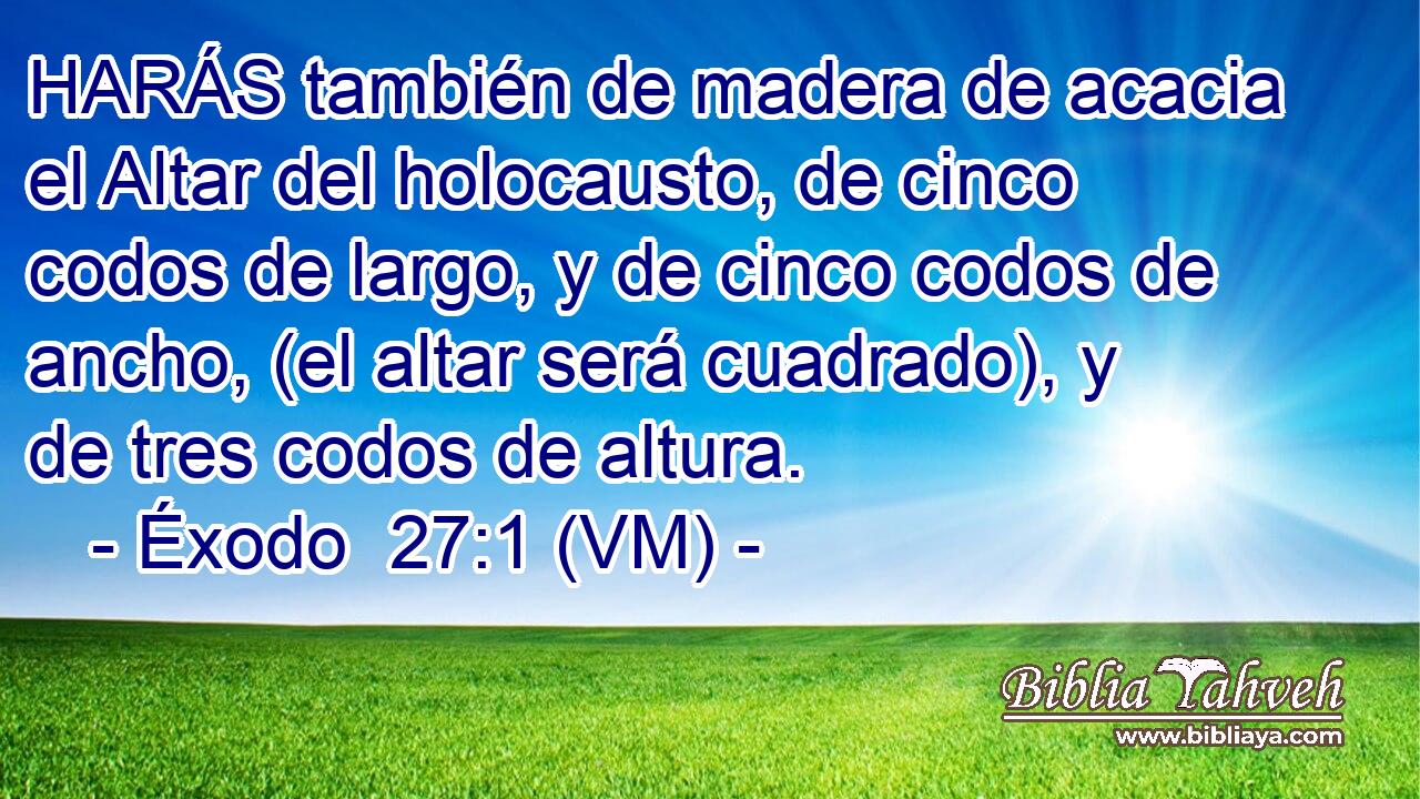  HARÁS también de madera de acacia el Altar del holocausto, de cinco codos de largo, y de cinco codos de ancho, (el altar será cuadrado), y de tres codos de altura. 
