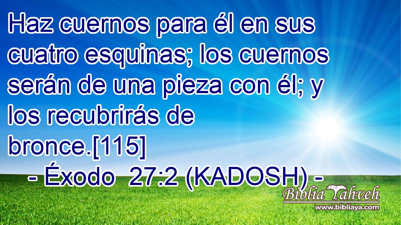 Haz cuernos para él en sus cuatro esquinas; los cuernos serán de una pieza con él; y los recubrirás de bronce.[115] 