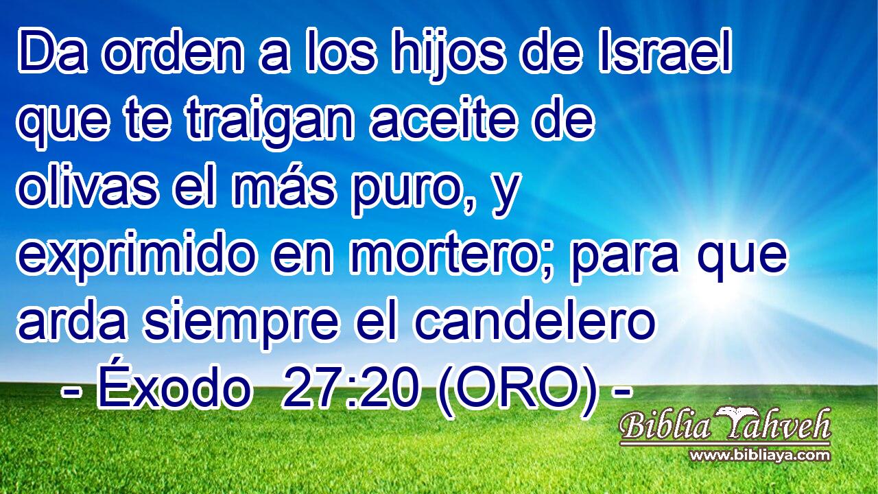  Da orden a los hijos de Israel que te traigan aceite de olivas el más puro, y exprimido en mortero; para que arda siempre el candelero 