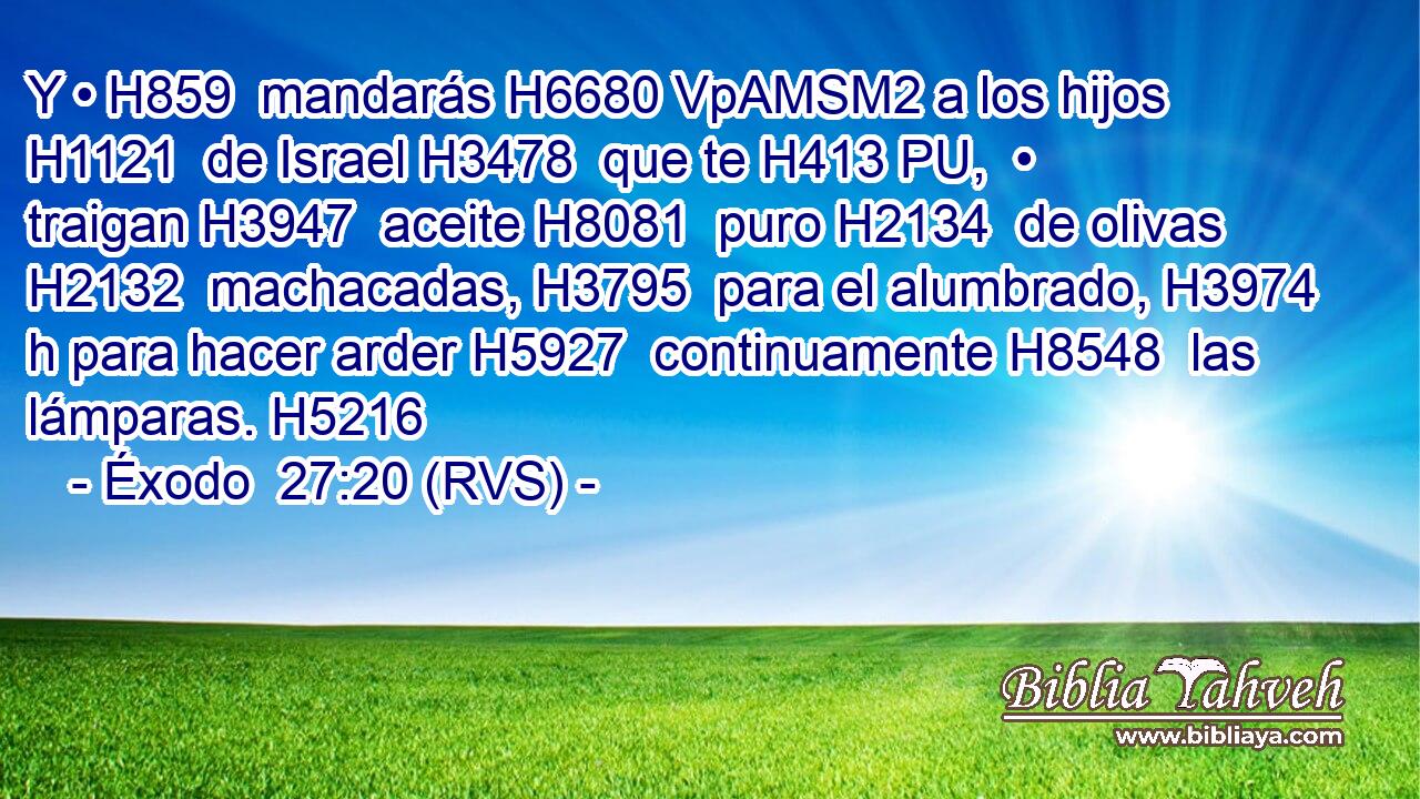 Y • H859  mandarás H6680 VpAMSM2 a los hijos H1121  de Israel H3478  que te H413 PU,  • traigan H3947  aceite H8081  puro H2134  de olivas H2132  machacadas, H3795  para el alumbrado, H3974 h para hacer arder H5927  continuamente H8548  las lámparas. H5216  