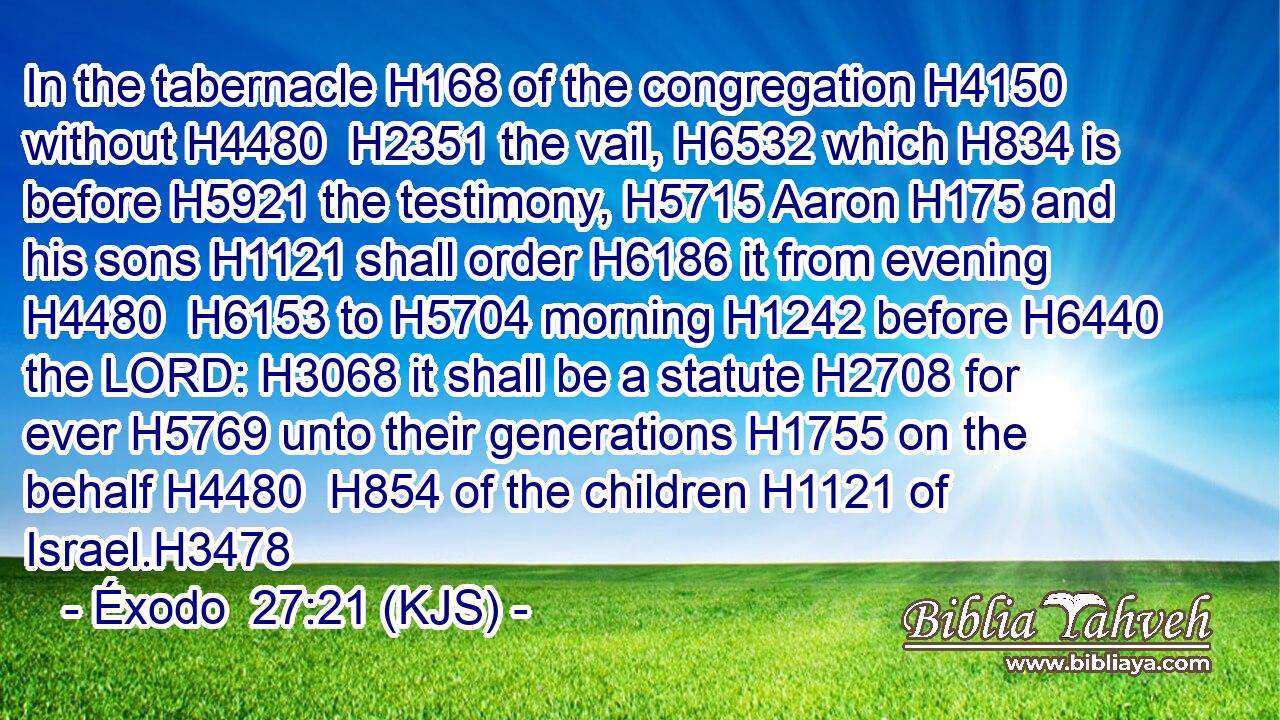 In the tabernacle H168 of the congregation H4150 without H4480  H2351 the vail, H6532 which H834 is before H5921 the testimony, H5715 Aaron H175 and his sons H1121 shall order H6186 it from evening H4480  H6153 to H5704 morning H1242 before H6440 the LORD: H3068 it shall be a statute H2708 for ever H5769 unto their generations H1755 on the behalf H4480  H854 of the children H1121 of Israel.H3478