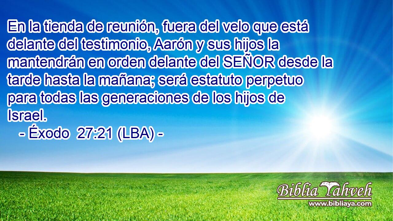 En la tienda de reunión, fuera del velo que está delante del testimonio, Aarón y sus hijos la mantendrán en orden delante del SEÑOR desde la tarde hasta la mañana; será estatuto perpetuo para todas las generaciones de los hijos de Israel.
