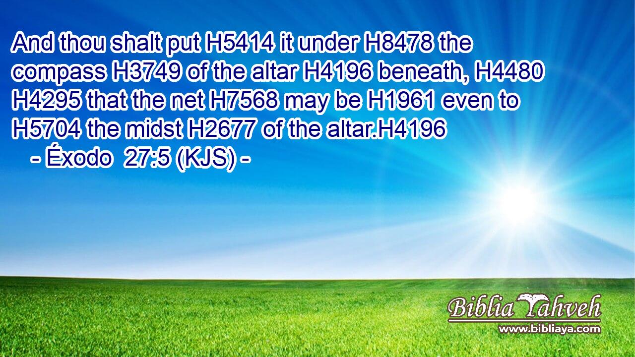 And thou shalt put H5414 it under H8478 the compass H3749 of the altar H4196 beneath, H4480  H4295 that the net H7568 may be H1961 even to H5704 the midst H2677 of the altar.H4196