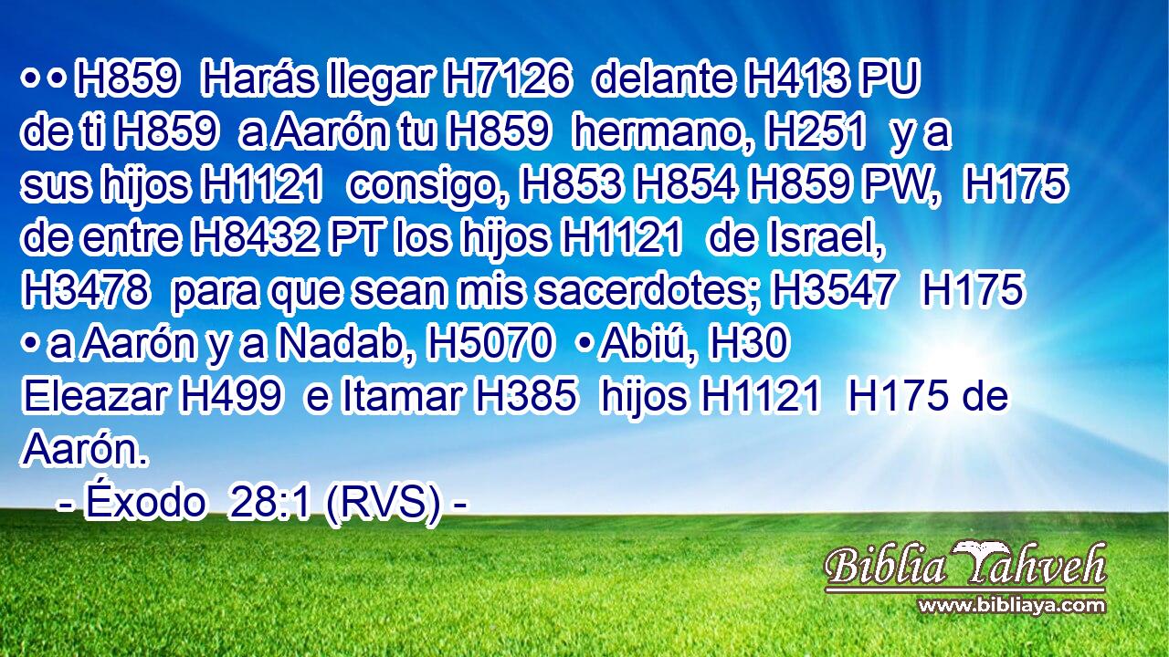 • • H859  Harás llegar H7126  delante H413 PU de ti H859  a Aarón tu H859  hermano, H251  y a sus hijos H1121  consigo, H853 H854 H859 PW,  H175 de entre H8432 PT los hijos H1121  de Israel, H3478  para que sean mis sacerdotes; H3547  H175 • a Aarón y a Nadab, H5070  • Abiú, H30  Eleazar H499  e Itamar H385  hijos H1121  H175 de Aarón. 