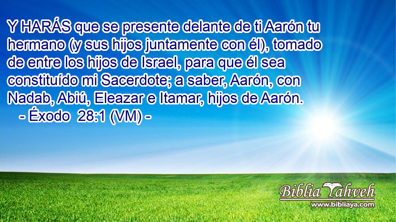  Y HARÁS que se presente delante de ti Aarón tu hermano (y sus hijos juntamente con él), tomado de entre los hijos de Israel, para que él sea constituído mi Sacerdote; a saber, Aarón, con Nadab, Abiú, Eleazar e Itamar, hijos de Aarón. 