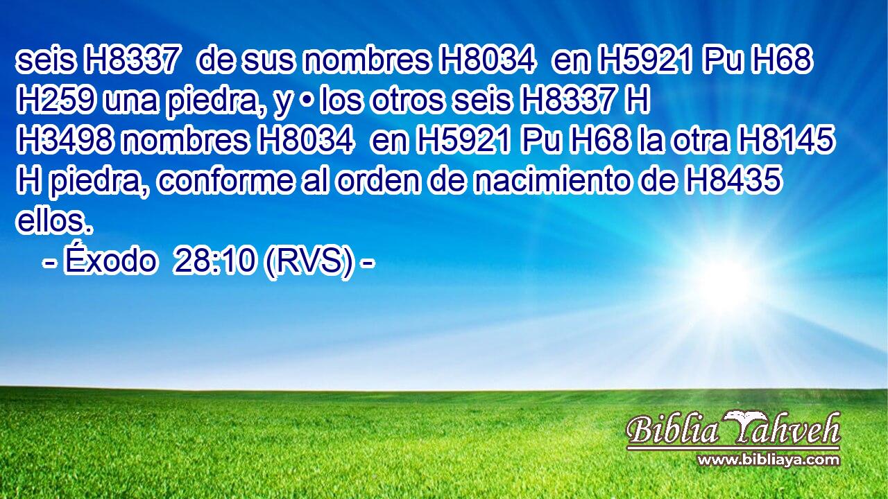 seis H8337  de sus nombres H8034  en H5921 Pu H68 H259 una piedra, y • los otros seis H8337 H H3498 nombres H8034  en H5921 Pu H68 la otra H8145 H piedra, conforme al orden de nacimiento de H8435 ellos. 