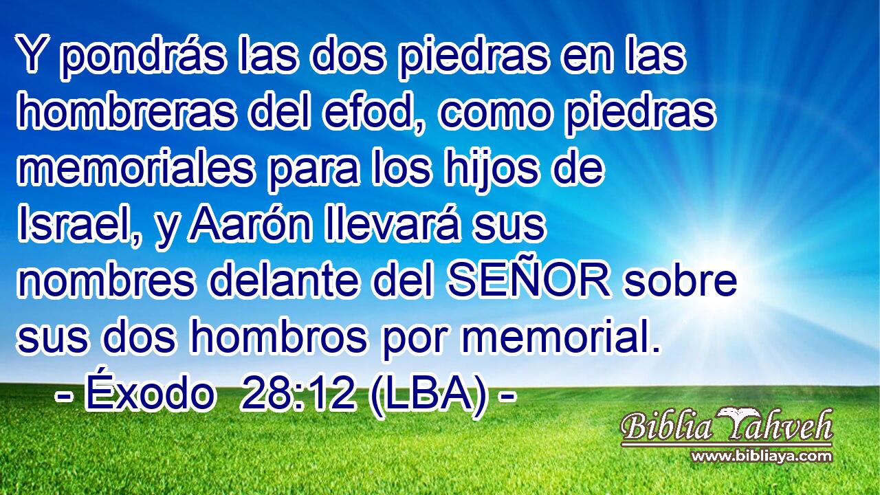 Y pondrás las dos piedras en las hombreras del efod, como piedras memoriales para los hijos de Israel, y Aarón llevará sus nombres delante del SEÑOR sobre sus dos hombros por memorial.