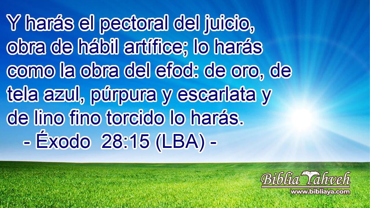 Y harás el pectoral del juicio, obra de hábil artífice; lo harás como la obra del efod: de oro, de tela azul, púrpura y escarlata y de lino fino torcido lo harás.